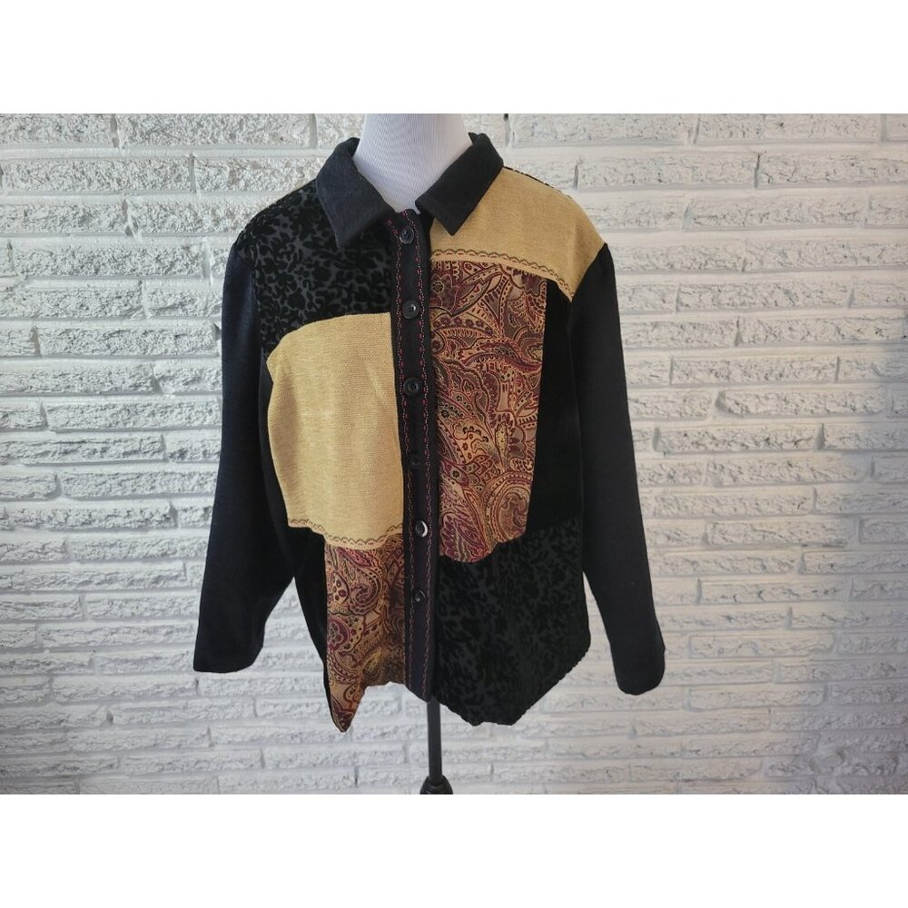 Napa Valley Womens Sweater 2X Plus Cardigan Black Velvet Burnout Panels SWE20E